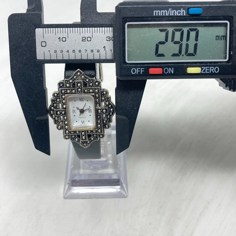 Vintage Avon Marcasite Tank Watch Women Silver Tone Black Leather New Battery 8